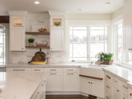 white kitchen with floating wood shelves