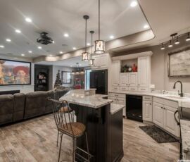 White kitchen with dark bar